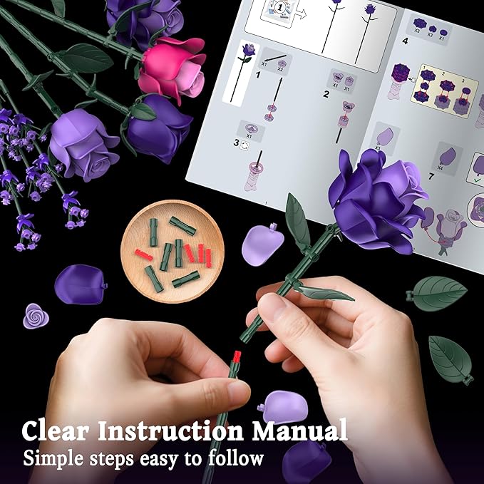 Purple Roses Flower Bouquet Building Sets, 834PCS Artificial Flowers Building Blocks, Gothic Decor Halloween Decor Botanical Collection for Adults Women, Gifts for Halloween Christmas Valentines Day