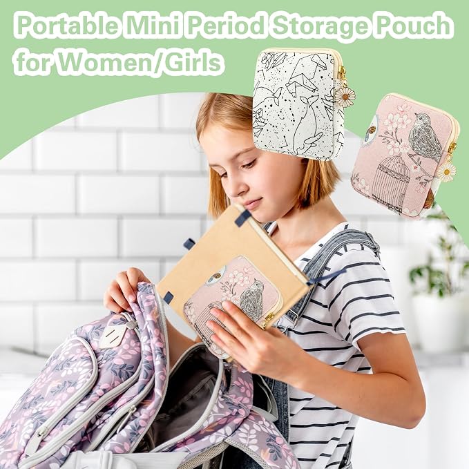 cobee 2PCS Sanitary Pad Storage Bag, Cute Sanitary Napkin Storage Purses Portable Period Bag with Daisy Zipper Panty Liner Tampon Menstrual Cup Nursing Pad Holder Pouch for Girls Women Travel(Bird)