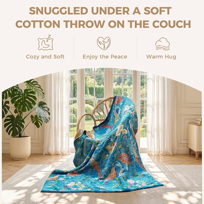 LUTBM Boho Throw Blanket for Bed 60"x80", All Season Cotton Couch Blankets | Blue Reversible Floral Birds Jacquard, All-Season Lightweight Twin Quilt, For Chair Sofa Bedroom Living Room, Home Decor