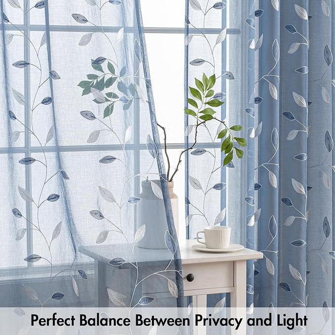MIULEE Dusty Blue Sheer Curtains 2 Panels Embroidered Leaf Patterned Rod Pocket Floral Semi Sheer Faux Linen Window Curtains Drapes Set for Living Room Bedroom Dining Room, 52x63 Inches Long