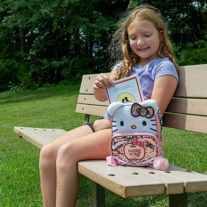 AI ACCESSORY INNOVATIONS Hello Kitty 9” Micro Mini Backpack Purse Featuring 3D Ears & Bow, Sherpa & Sequin Material, & Pompom Dangle, Pink