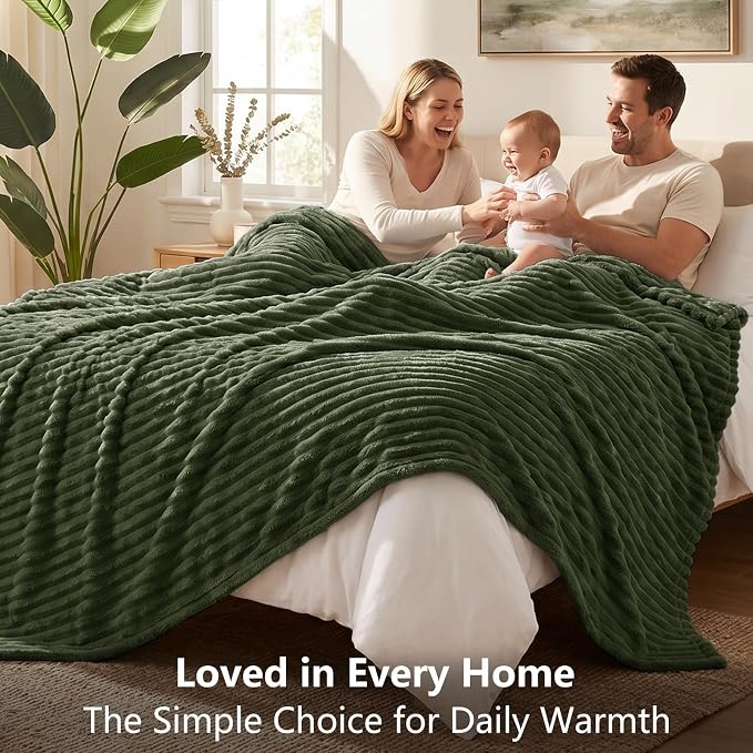 Olive Green Twin Blanket for Bed & Couch, 60 x 80 Inch | 300GSM Ribbed Fleece Blanket, Soft, Cozy & Lightweight, OEKO-TEX Certified, All-Season Use for Travel, Dorm & Home Decor