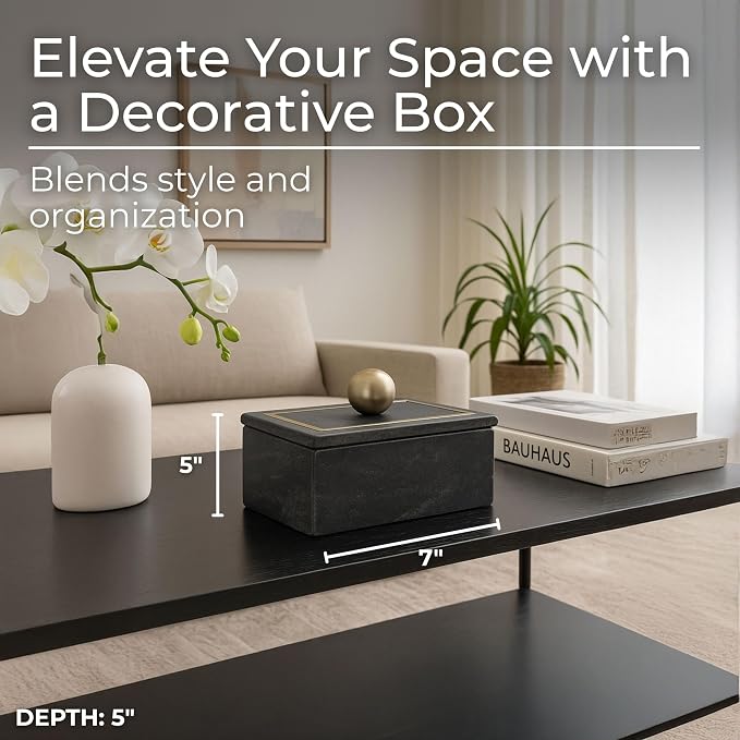 Decorative Rectangular Box with Knob – Marble & Metal Modern Decorative Box for Home Decor – Jewelry, Keepsakes, Accent Table Storage for Living Room, Bedroom, Office – 5", Black