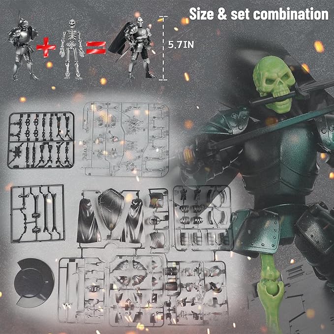 Mystic Silver Skeleton Knight Action Figure Toy, Multi-Jointed Movable Dummy Medieval T13 Articulated Robot Figure, Fantasy Warrior Undead Skeleton Death Knights Display Model (Assembly Required)