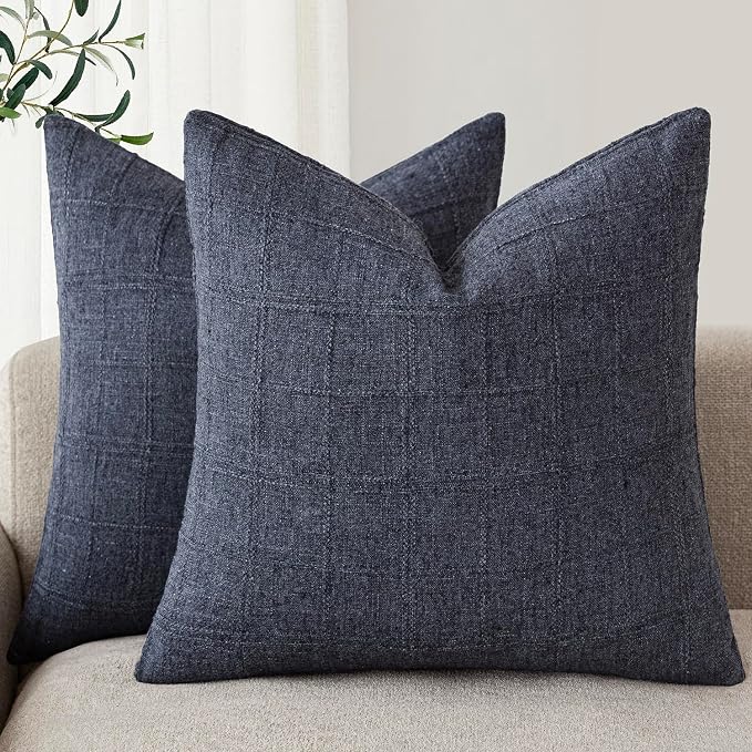 Foindtower Set of 2 Decorative Linen Check Throw Pillow Covers Neutral Farmhouse Vintage Cushion Covers Modern Boho Home Decor for Sofa Chair Couch Bedroom Living Room,20×20 Inch,Navy Blue