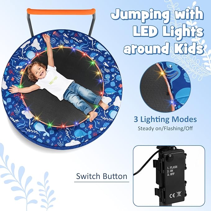 GYMAX 36” Toddler Trampoline with Lights, Folding Springless ASTM Approved Small Kids Rebounder with Foam Handle, Safety Padded Cover & Foldable Legs, Mini Indoor Baby Trampolines