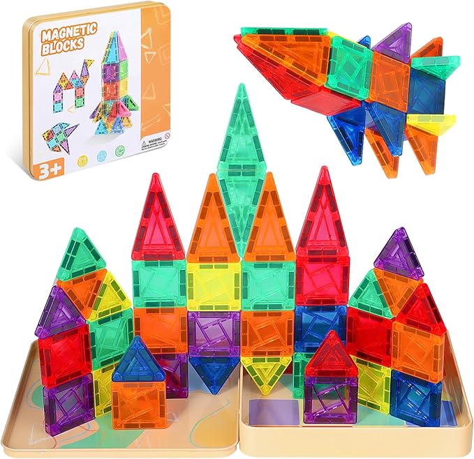 60 PCS Mini Magnetic Tiles, Travel Magnetic Tiles Magnetic Building Blocks with Iron Box, Portable Travel Toys for Kids Ages 4-8, STEM Learning Educational Construction Travel Toys for Toddlers 3-5