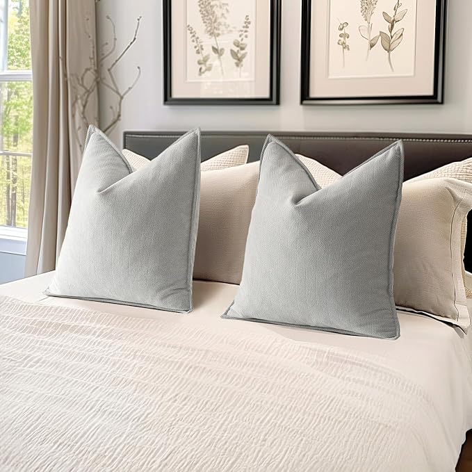 MIULEE Pack of 2 Light Grey Euro Shams Chenille Pillow Covers 24x24 Inch | Decorative Soft Couch Throw Pillows,Farmhouse Cushion Covers,Elegant Design for Sofa,Bed,Living Room,Summer Decor
