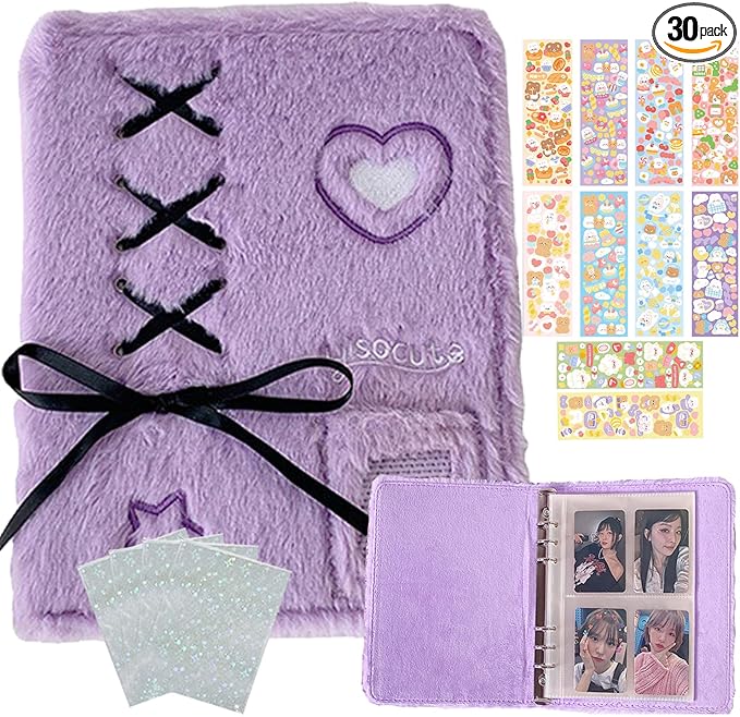 Kpop Photocard Binder A5 Kpop Photocard Holder Book with 50pc Holographic Photocard Sleeves&10 Korean Stickers, 6 Ring A5 Binder Photocard Album 25 Inner Pages with 200 Pocket(Purpleplush)