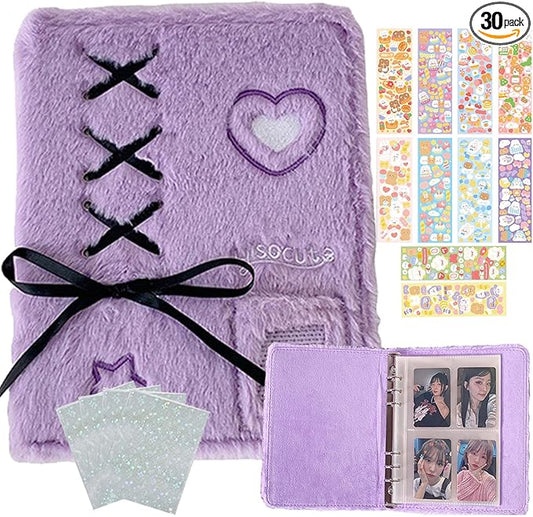 Kpop Photocard Binder A5 Kpop Photocard Holder Book with 50pc Holographic Photocard Sleeves&10 Korean Stickers, 6 Ring A5 Binder Photocard Album 25 Inner Pages with 200 Pocket(Purpleplush)