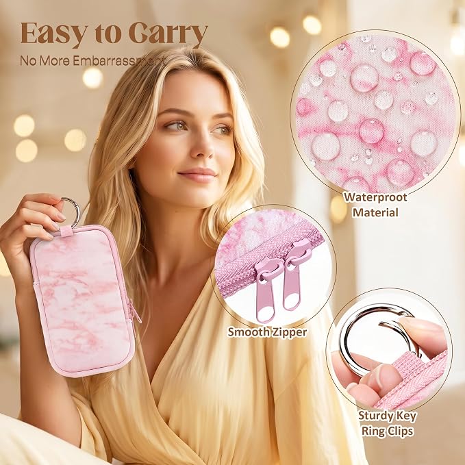2 Pack Portable Tampon Holder Zippered Pouch with Snap Hook, Waterproof Travel-Friendly Discreet Period Bag, Feminine Products Organizer for Women Purse (Marble)