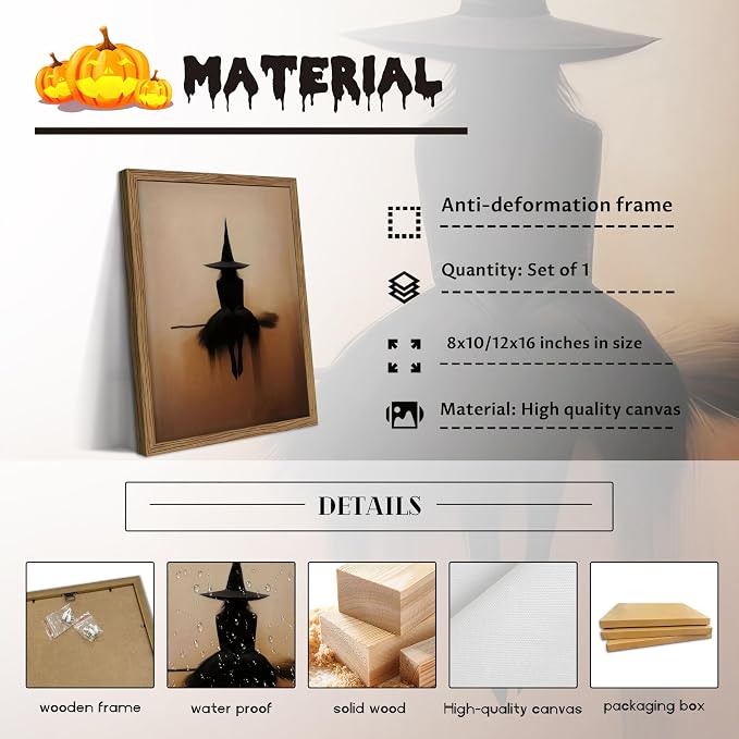 Framed Vintage Witch Wall Art, Minimalist Halloween Witch Canvas Prints, Spooky Gothic Dark Academia Witches Painting, Rustic Aesthetic Halloween Wall Decor for Bedroom Living Room 12x16 inch