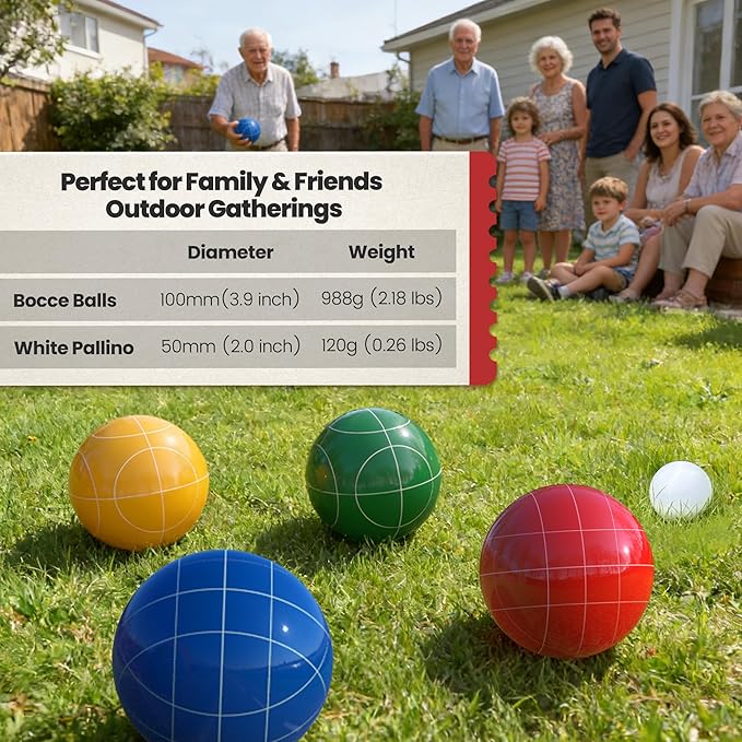 Bocce Ball Set 100mm Regulation Size and Weight for Lawn, Beach Bocci Game Sets for 2-8 Players (Multi-Color)