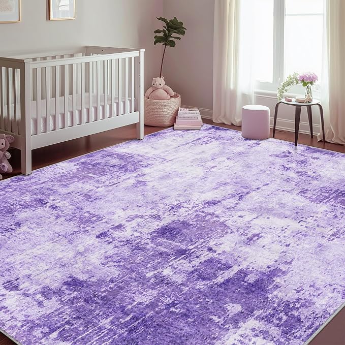 RELEANY Washable 5'x7' Abstract Area Rug for Living Room Purple | carpet for bedroom, kitchen, office, hallway and entryway, printed pattern, non-slip, soft, stain-resistant, easy to clean