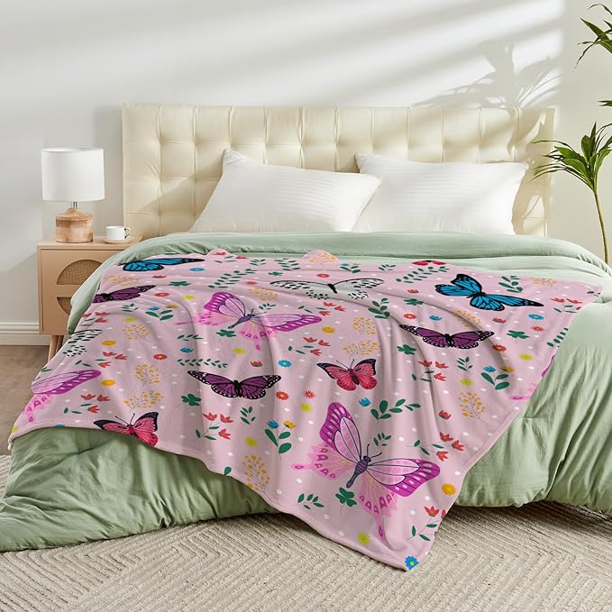 Wajade Butterfly Throw Blanket for Girls Teens Women Pink Soft Fuzzy Flannel Bed Blanket for Couch Sofa Bedroom Plush Colorful Flowers Blankets 50”x60”