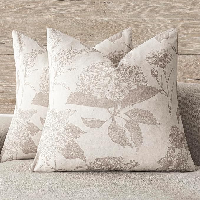 Foindtower Set of 2 Linen Floral Vintage Throw Pillow Covers Neutral Accent Decorative Cushion Covers Farmhouse Boho Home Decor for Sofa Chair Couch Bedroom Living Room,24×24 Inch,Tan Beige
