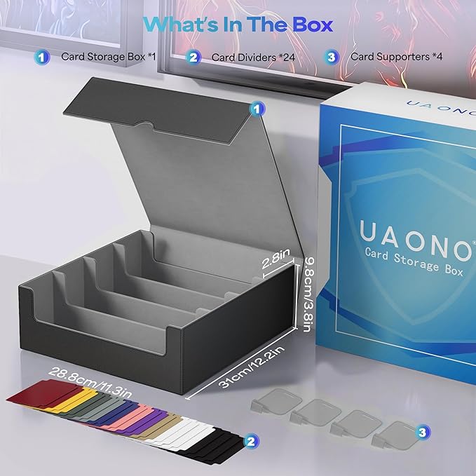 UAONO Trading Card Storage Box, Holds 2400 Sleeved Cards with 24 Dividers & 4 Stoppers, Magnetic Closure PU Leather Card Case for MTG, PTCG, YGO, Sports Cards (Black&Gray)