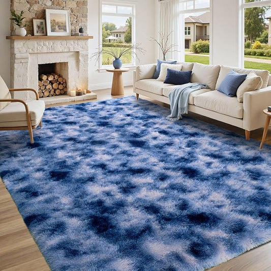 5x7 ft Fuzzy Rug for Living Room Soft Fluffy Blue White Bedroom Area Rugs Non-Slip Shaggy Carpet for Nursery Kids PlayRoom Dorm Office Indoor Modern Plush Carpets
