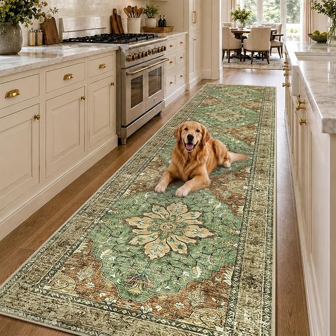 RELEANY Area Rugs Runner 3'x12' Washable Non-Slip, Floral Vintage Distress Medallion Carpet for Kitchen Hallway Bedroom Beside Laundry Room Bathroom, Terracotta Burnt Orange Green