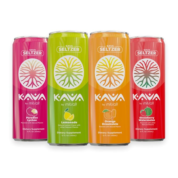 Mitra9 | Variety Pack Kava Seltzer - Sparkling Relaxation Drink | 4-Pack | Non-Alcoholic Alcohol Alternative | 500mg Kava Root Extract | Low Calorie, Plant Based Stress Relief & Calm | 12 fl oz Cans