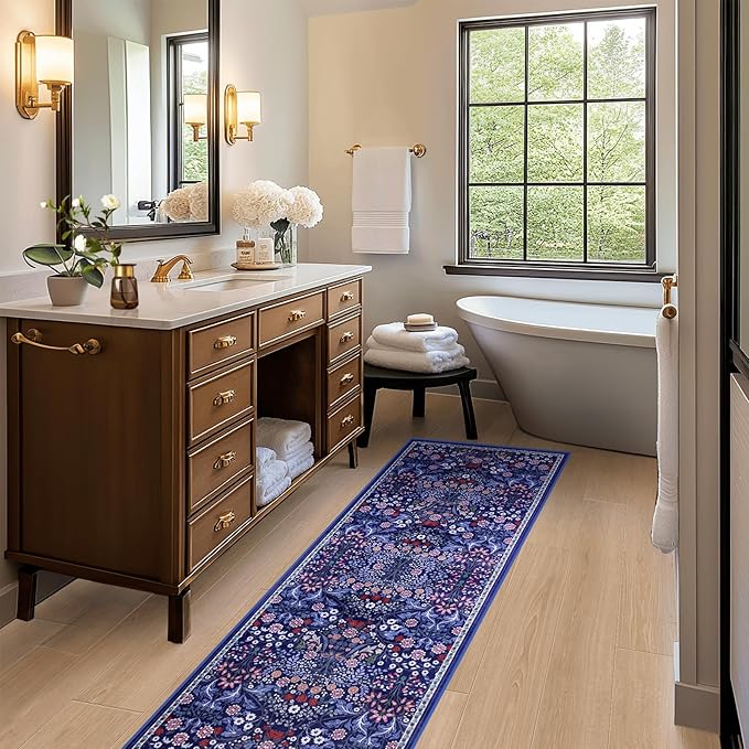 Runner Rug for Entryway: 2x5 Kitchen Rugs Non Slip Washable Ultra-Thin Soft Floral Carpet Indoor Floor Stain Resistant Carpets for Hallway Bedroom Kitchen Laundry Bathroom Dorm Blue