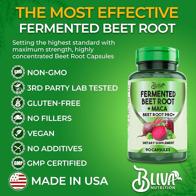 BLIVA Organic Fermented Beet Root with Maca Capsules - 1200mg - Beetroot Hight Potency Extract Powder Pills - Beets Supplements and Maca - Healthy Energy & Circulation Support Supplement - 90 Capsules