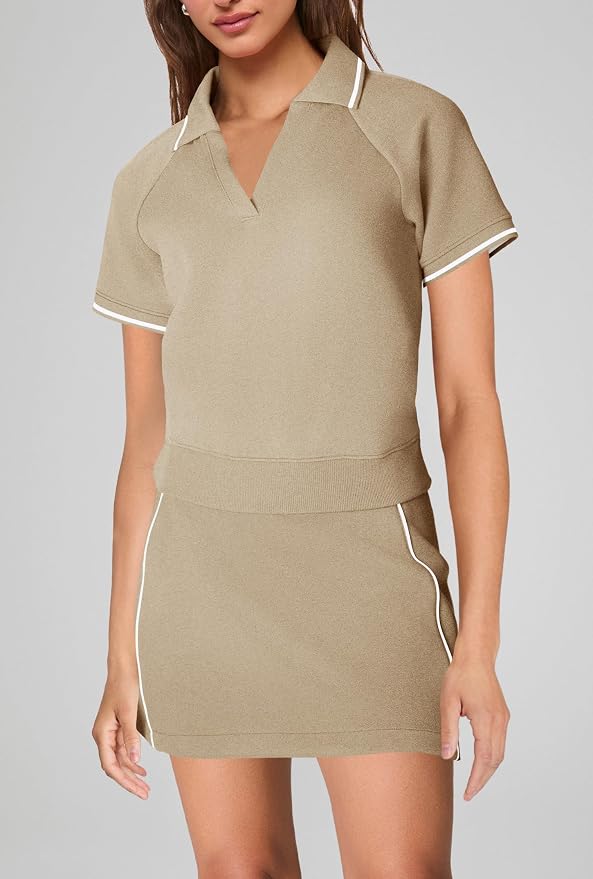 Womens Workout Sets 2 Piece Outfits V Neck Short Sleeve Polo Shirt and Tennis Skort Set with Pockets