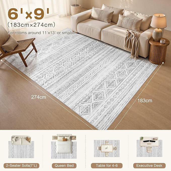 cotiled 6x9 Area Rugs Living Room Rug: Washable Boho Rugs with Non Slip Backing Large Soft Indoor Stain Resistant Carpet for Bedroom Farmhouse Dining Room Lightweight Home Decor Light Grey