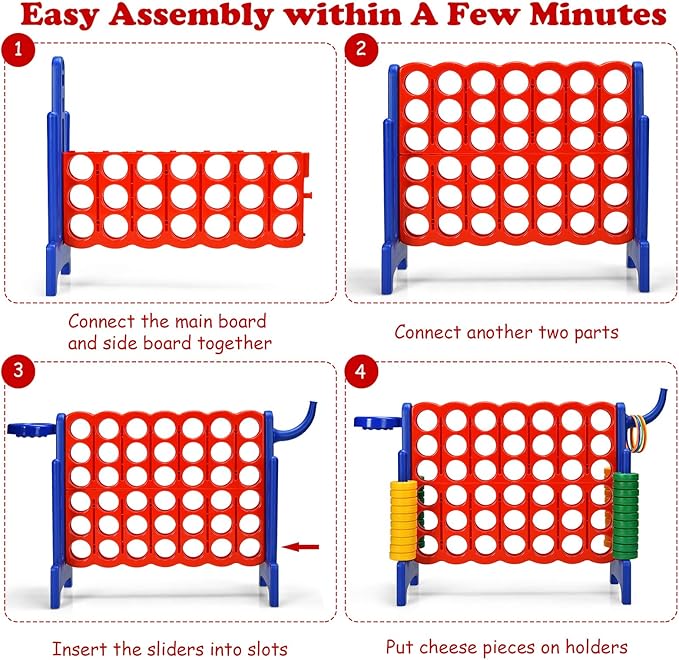 Costzon Giant 4-in-A-Row, Jumbo 4-to-Score Giant Game w/Basketball Hoop, Ring Toss, Quick-Release Slider, 42 Jumbo Rings, Indoor Outdoor Family Connect Game for Kids & Adults, Backyard Games, Blue