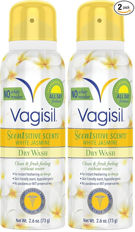 Vagisil Scentsitive Scents Feminine Dry Wash Deodorant Spray for Women, Gynecologist Tested, Paraben Free, White Jasmine, 2.6 Ounce (Pack of 2)