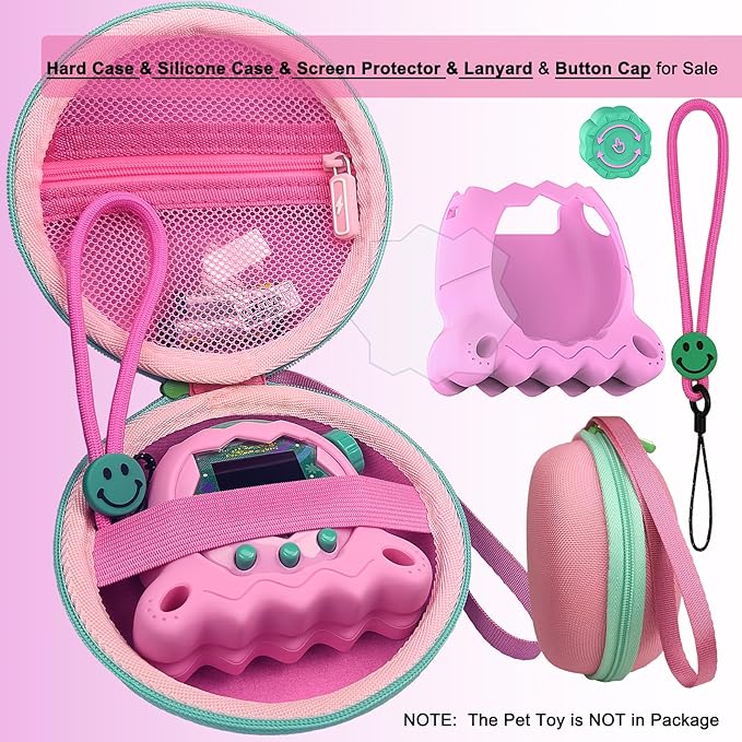 JCHPINE Hard Case and Silicone Cover for Tamagotchi Paradise Electronic Pet, Protective Cases for Tamagotchi Paradise with Screen Protector and Lanyard (Pink)