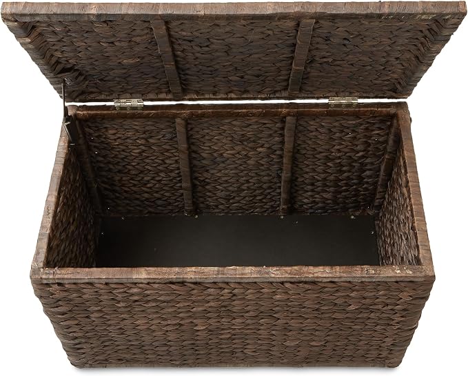 Casafield 30" Storage Chest with Lid, Handles, Safety Hinge - Espresso Dark Brown, Hyacinth Wicker Storage Trunk for Entry Way, Living Room, Bedroom