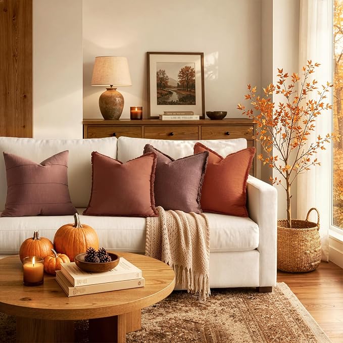 MIULEE Linen Decorative Fall Euro Throw Pillow Covers Burnt Orange 22x22 | Set of 2, Cottagecore Decor, Boho Farmhouse Neutral Fringe Pillow Covers, Rustic Fall Couch Cushion for Sofa Bed Living Room