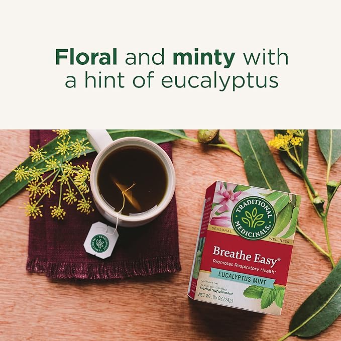 Traditional Medicinals Tea, Breathe Easy with Eucalyptus Mint, Promotes Respiratory Health, Kosher, Non-GMO, Caffeine-Free, Compostable - 16 Tea Bags (Pack of 1)