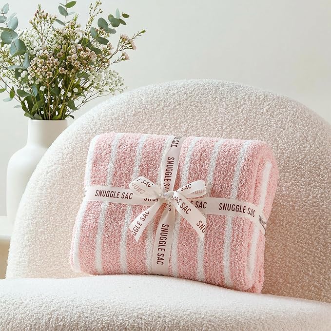 Snuggle Sac Ultra Soft Throw Blanket, Pink, 50"x60" | Reversible, Cozy Knitted Ribbed, Fuzzy Knit Striped, For Couch, Sofa, Bed, Home Decor