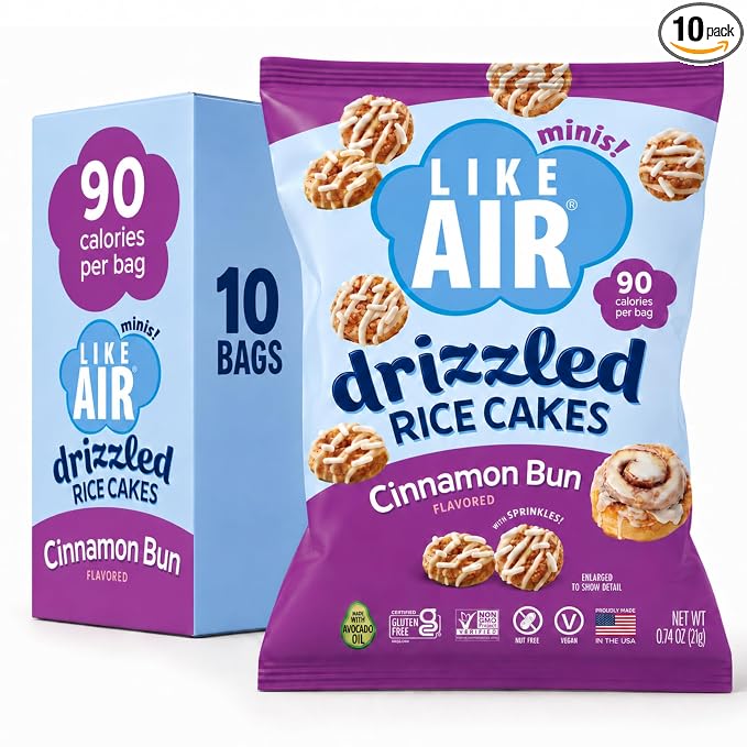 Like Air Drizzled Rice Cakes - Cinnamon Bun Snack Box (10ct) Vegan/Nut-Free | Cinnamon Bun Snack Pack (Pack of 10) - 90 Calories Per Bag, Gluten Free Snacks For Kids, Kosher