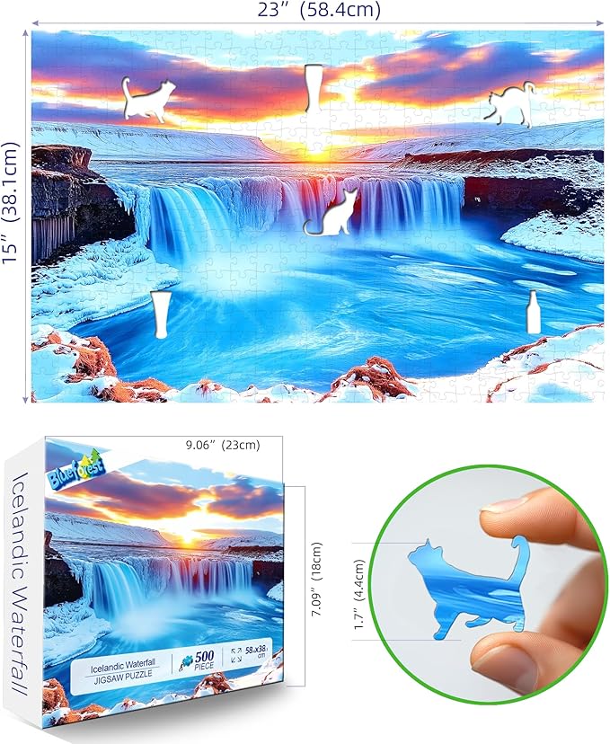 500 Piece Puzzles for Adults, Winter Icelandic Waterfalls Fun Puzzles for Adults 500 Pieces with HD Print & Poster, 15" X 23" Dust Free, for Gifts Halloween Christmas Family Games