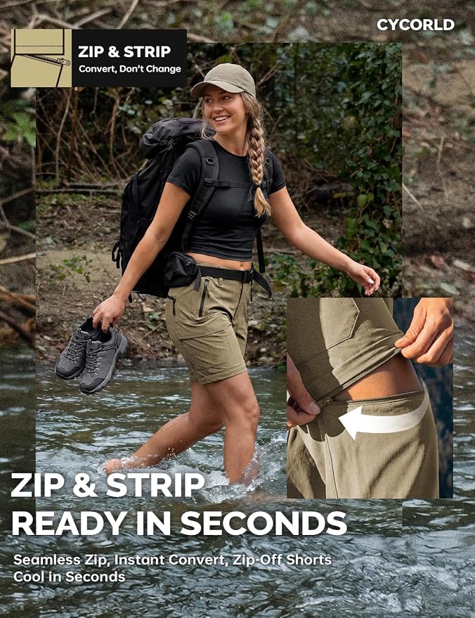 Cycorld Women's-Hiking-Pants-Convertible Quick-Dry-Stretch-Lightweight Zip-Off Outdoor Pants with 5 Deep Pockets