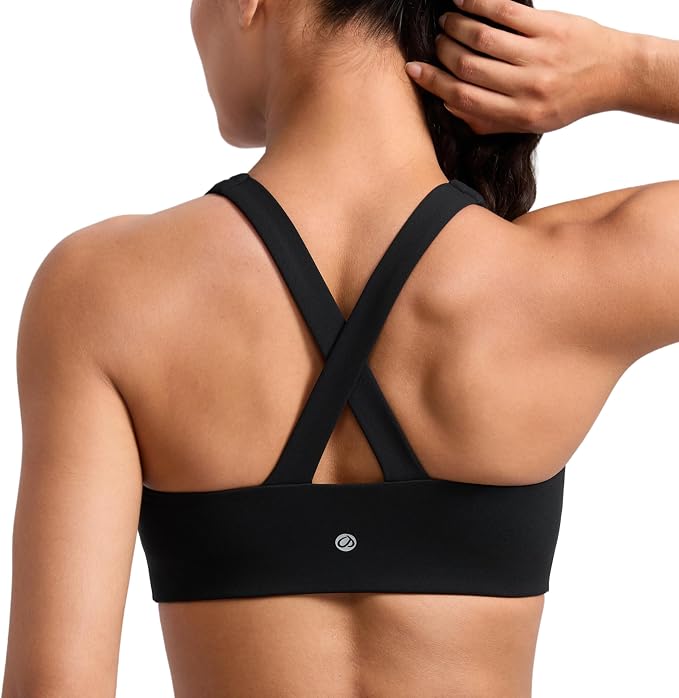 CRZ YOGA SculptAir Wide Straps Cross Back Sports Bras for Women - U Neck Medium Impact Wireless Padded Workout Top