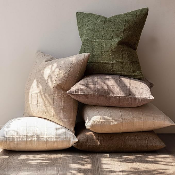 Foindtower Set of 2 Decorative Linen Check Throw Pillow Covers Neutral Farmhouse Vintage Cushion Covers Modern Boho Home Decor for Sofa Chair Couch Bedroom Living Room,26×26 Inch,Olive Green