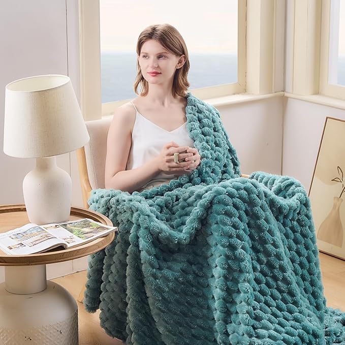 NEWCOSPLAY Super Soft Twin Blanket Light Teal Premium Silky Flannel Fleece 3D Clouds Stylish Jacquard Lightweight Bed Blanket All Season Use 350GSM (Light Teal, Twin(60"x80"))