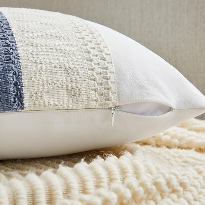 2pk Boho Pillow Covers 24x24, Natural White/Contrast/Blue | 100% Organic Cotton Body, Stripe Embroidery, Farmhouse Decorative Cushion Covers for Sofa Bed Living Room Home Decor