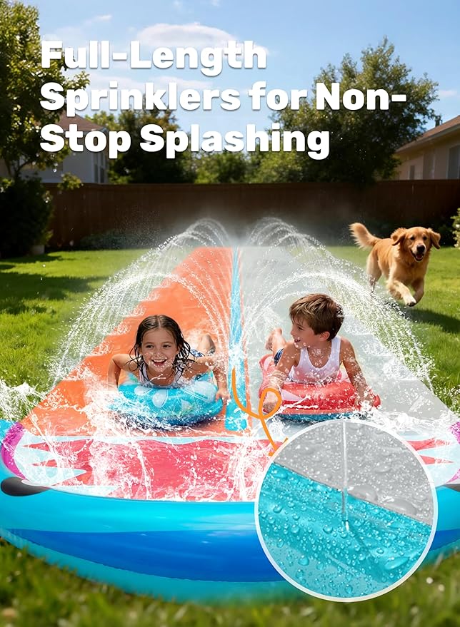 Sloosh Water Slides with 2 Inflatable Boards,22.5ft Double Lane Splash Slip Lawn Water Slide with Advanced Sprinklers Summer Toy for Kids Adults Fun Backyard Summer Outdoor, Shark
