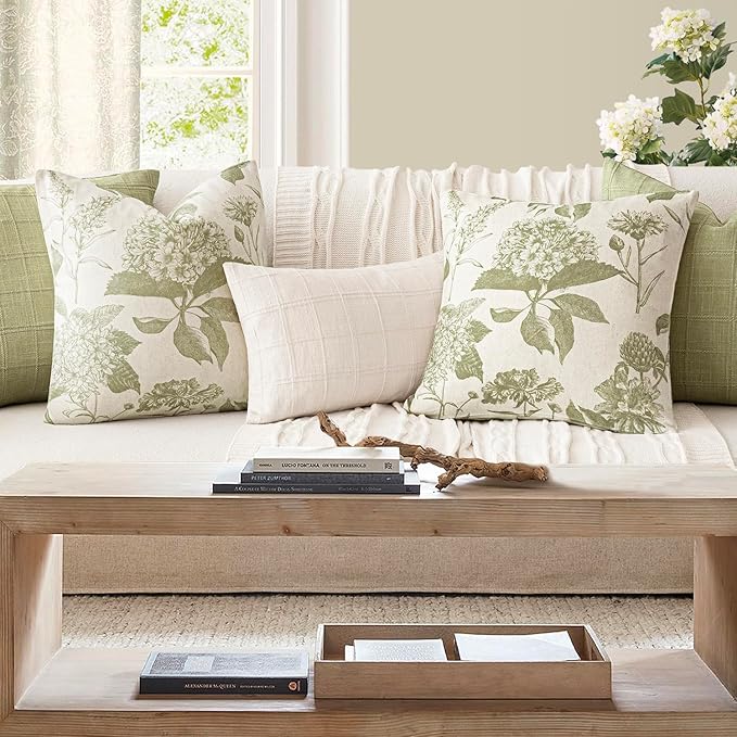 Foindtower Set of 2 Linen Floral Throw Pillow Covers Vintage Accent Print Decorative Cozy Cushion Covers Farmhouse Boho Home Decor for Sofa Chair Couch Bedroom Living Room,20×20 Inch,Light Green