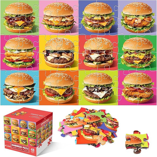 Jumbo Floor Puzzle for Kids,48 Piece Hamburger Jigsaw Puzzles,Learning Educational Foods Toys for Toddlers Ages 3-5,Colorful Design Children Gift for Boy Girl Ages 4-8