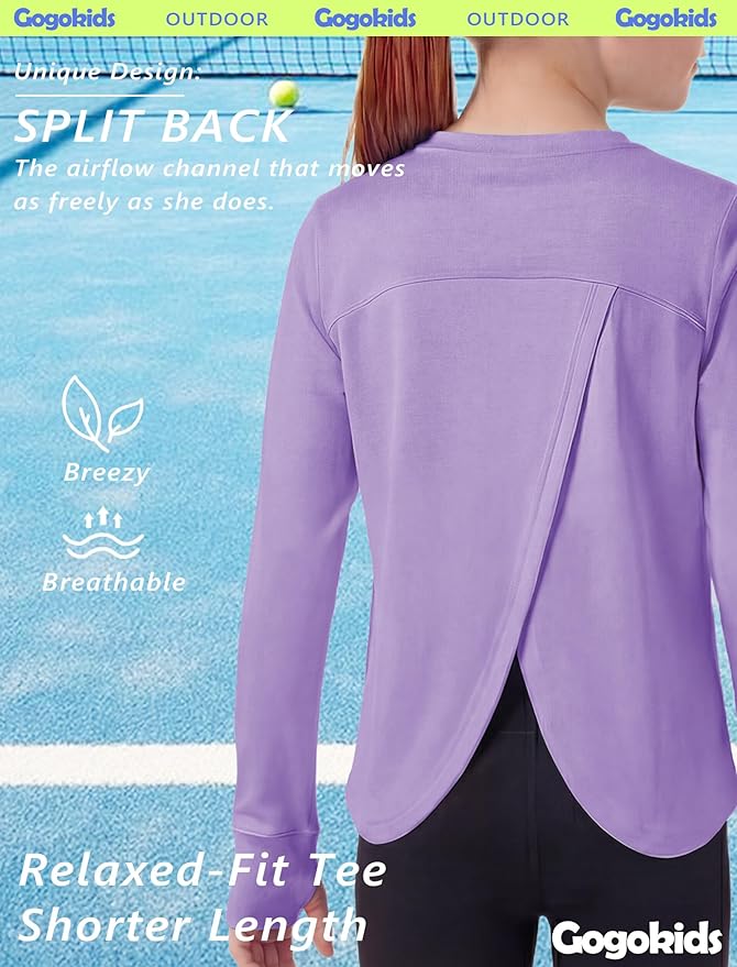 Gogokids Girls Shirts Long Sleeve Athletic Shirts Open Back Tops Active Sports Tshirts Yoga Workout Crop Tees 5-14 Years