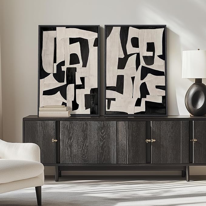 Large Framed Black and White Abstract Wall Art for Living Room, 24x36 In | 2 Piece, Canvas Prints, Black and Beige Pictures, Modern Minimalist Paintings, Geometric, Bedroom Hallway Entryway Wall Decor