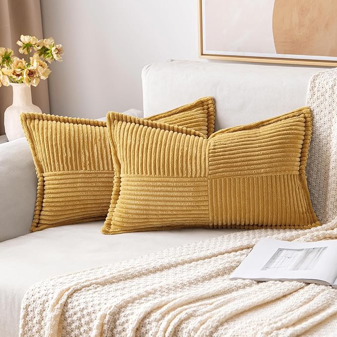 MIULEE Decorative Lumbar Throw Pillow Covers 12x20 Inch Gold 2 Pack | Boho Broadside Striped Patchwork Pillow Covers, Soft Corduroy Cushion Cases, For Couch Sofa Bed Livingroom Home Decor