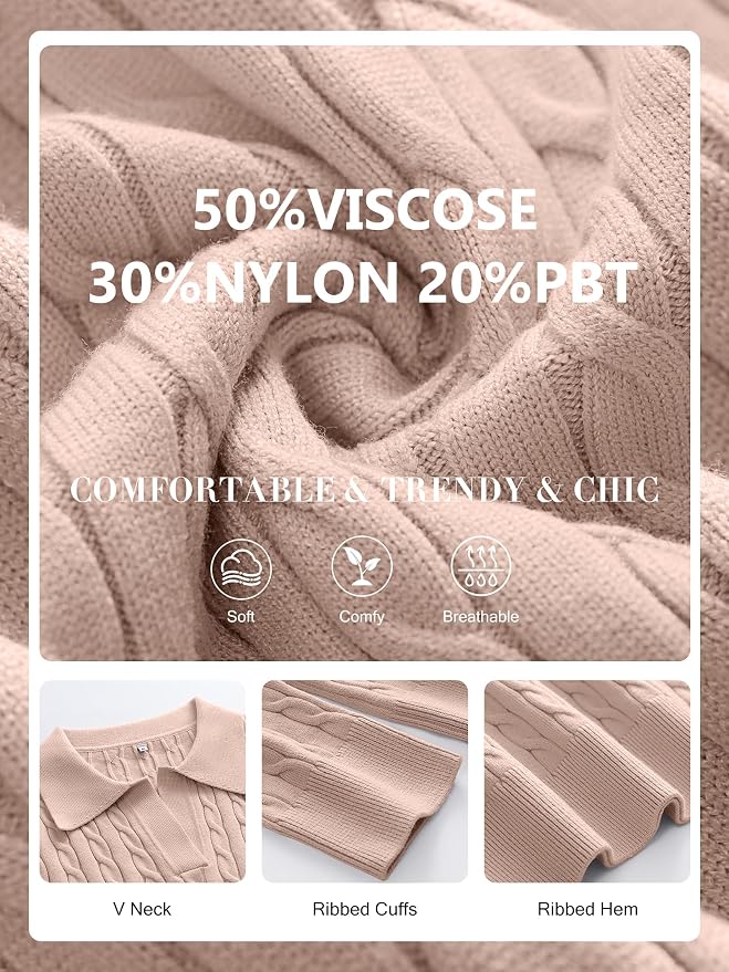 ANRABESS Womens Cable Knit Sweaters Long Sleeve V Neck | Pullover Collared Sweater Tops, Polo Knit Shirts, Business Casual Work, Tennis Golf, Fall Winter Fashion Outfits