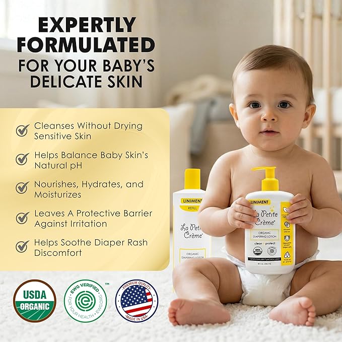 La Petite Creme French Premium Diapering Lotion - Diaper Cream Alternative to Baby Wipes - Moisturizer & Skin Cleanser - USDA Certified Organic Ingredients - Baby Essentials (2 Bottles of 20 oz)